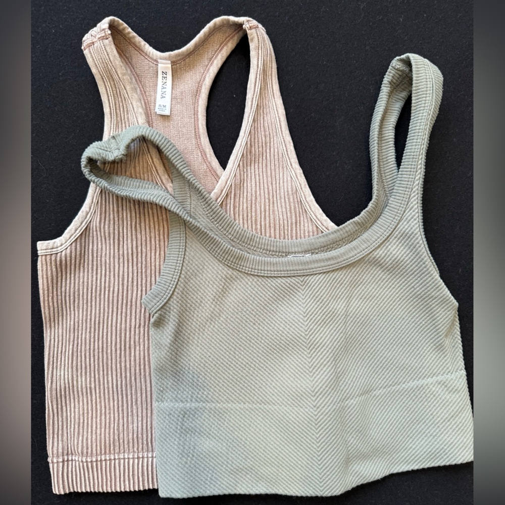 Zenana and Nikibiki Ribbed Tank Tops in Green and Brown